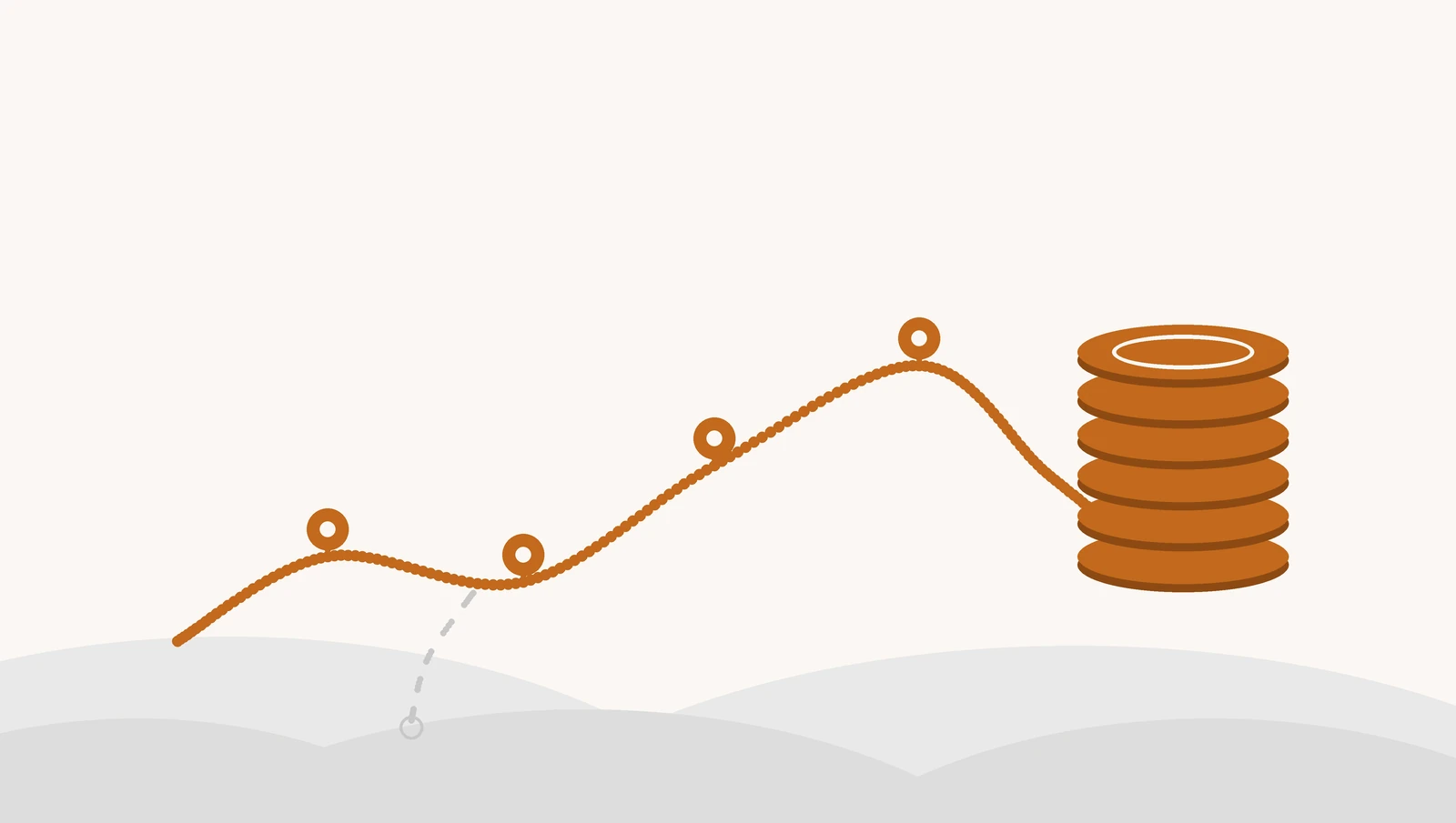 A flat geometric illustration of short journey lines linking map pins and feeding a rising stack of coins, in Keepwright amber.